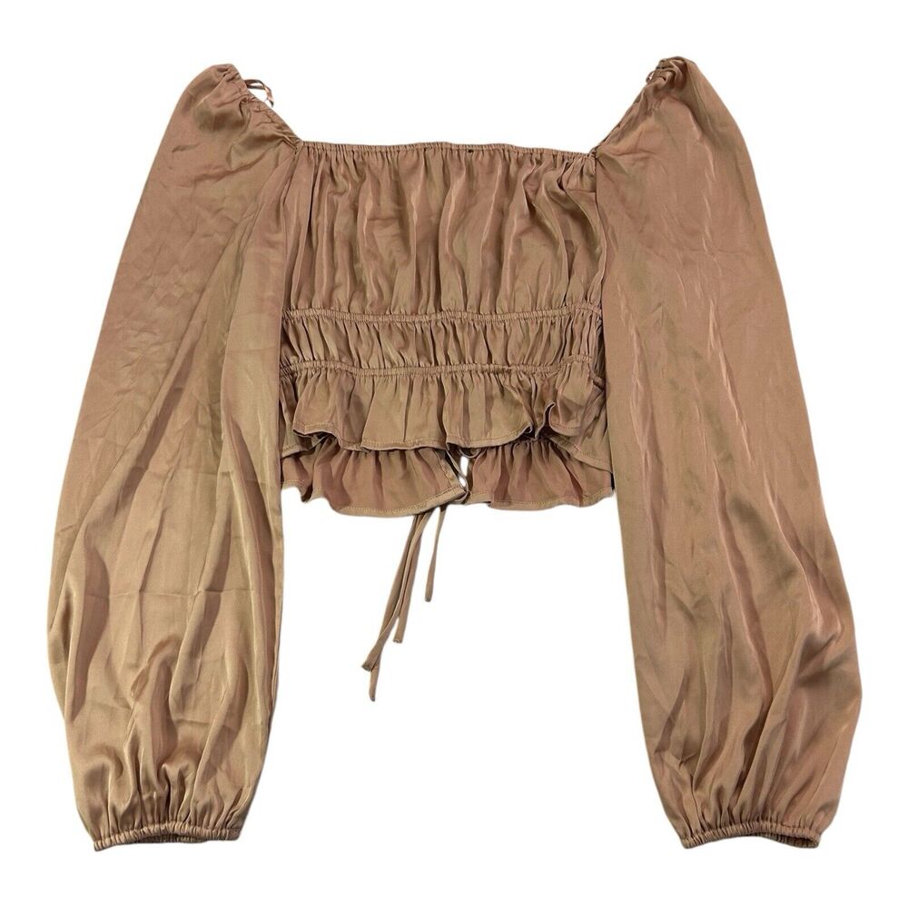 Coquette Ruched Tie Front Crop Top Long Sleeve Beige Brown Sz M MilkMaid Cottage - Picture 3 of 7